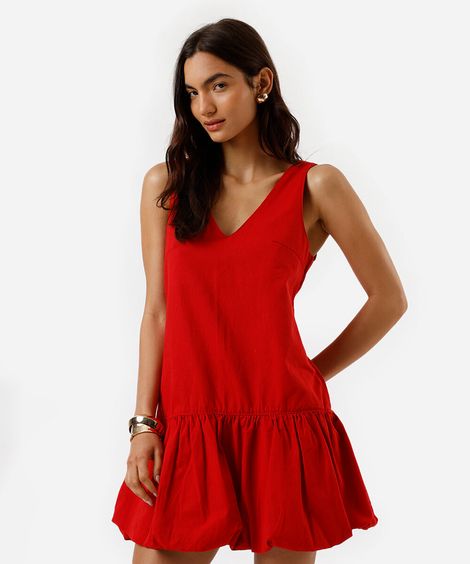 vestido curto balonê feminino de sarja decote v vermelho