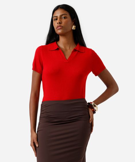 polo básica feminina de tricot manga curta vermelha