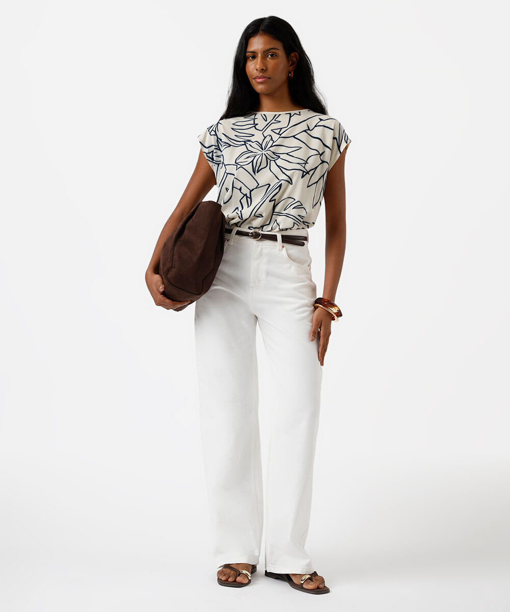 blusa feminina com viscose folhagens off white