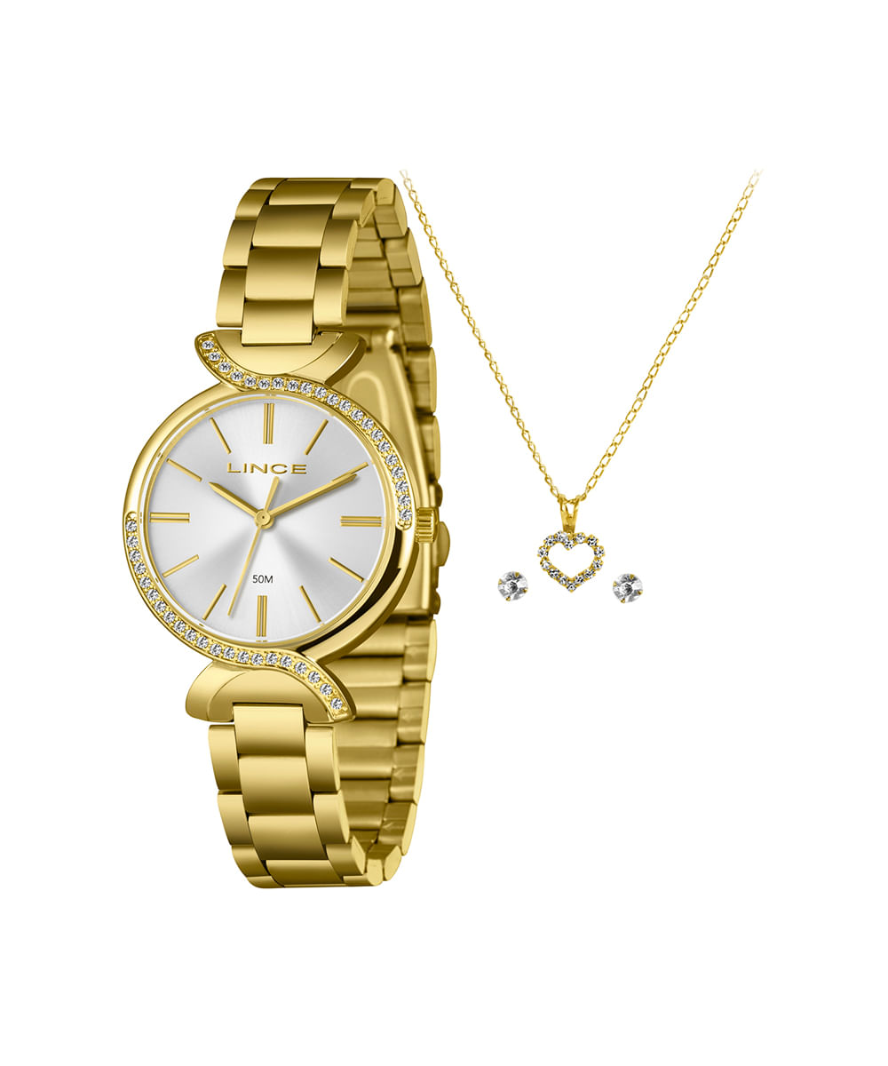 kit relógio feminino lince analógico lrgh258l33 kacns1kx dourado