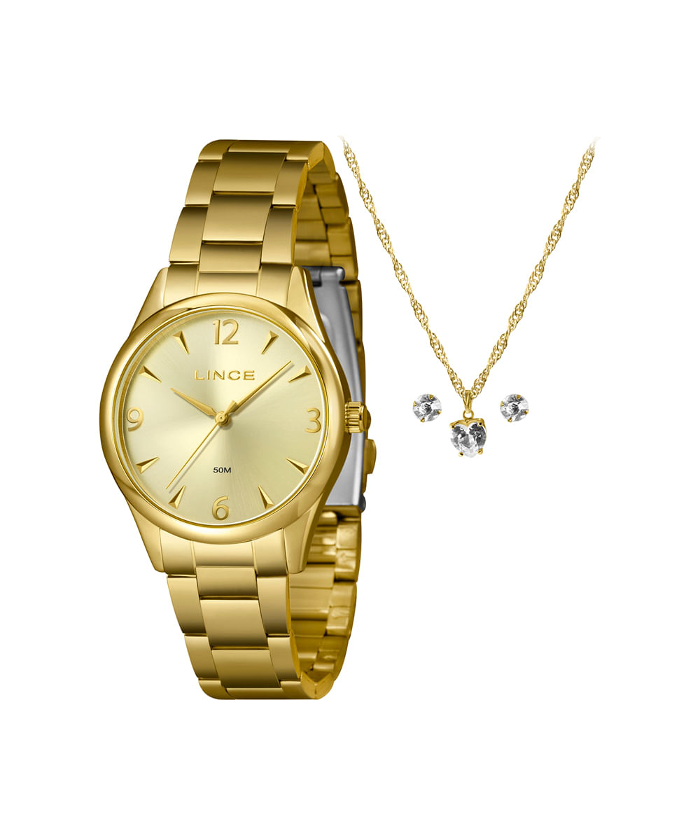 kit relógio feminino lince analógico lrgj169l36 kbqmc2kx dourado