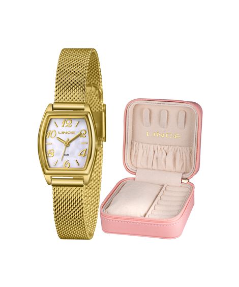 kit relógio feminino lince analógico lqgh278l22 b2kx dourado