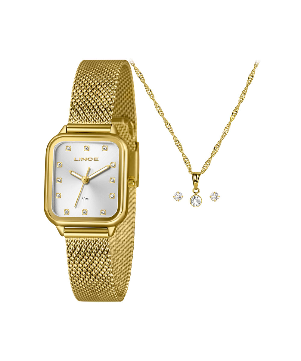 kit relógio feminino lince analógico lqgh253l26 kaeks1kx dourado