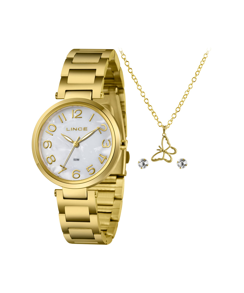 kit relógio feminino lince analógico lrgm031l36 kbqub2kx dourado