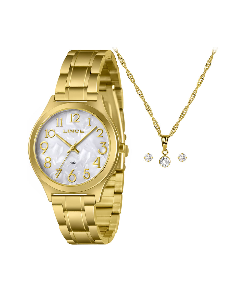 kit relógio feminino lince analógico lrgm029l38 kbqqb2kx dourado