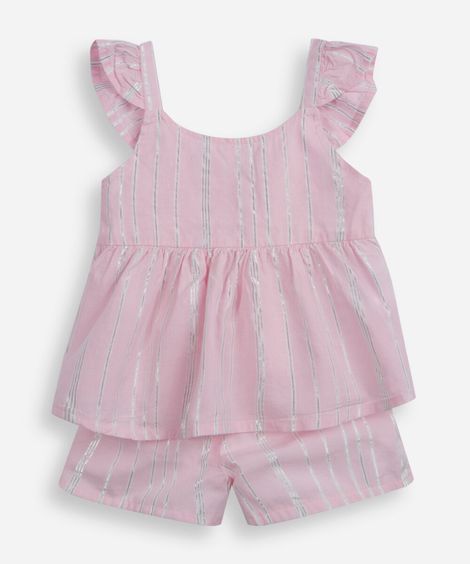 conjunto curto infantil de algodão com lurex listrado rosa
