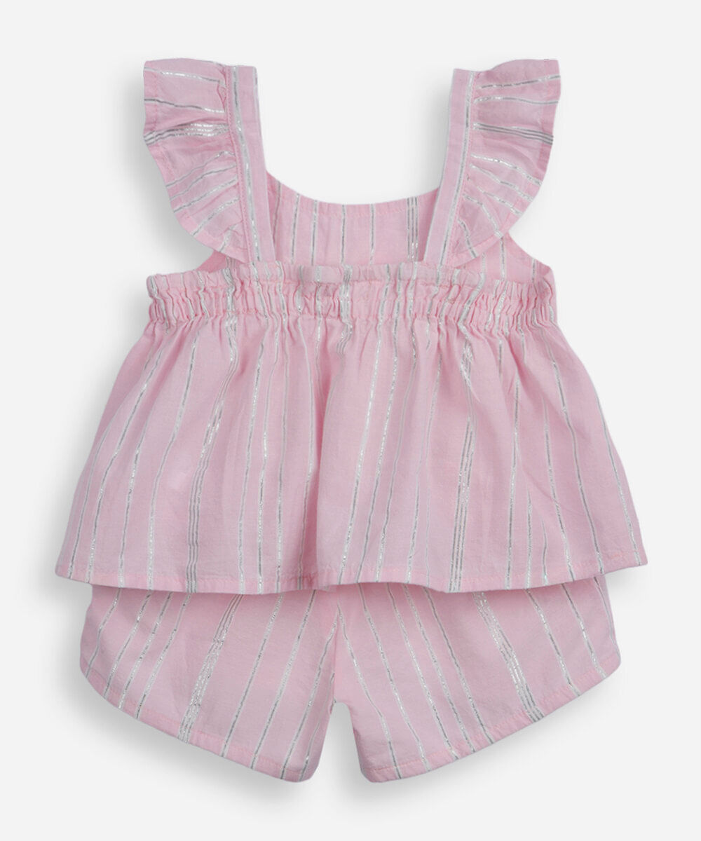 conjunto curto infantil de algodão com lurex listrado rosa
