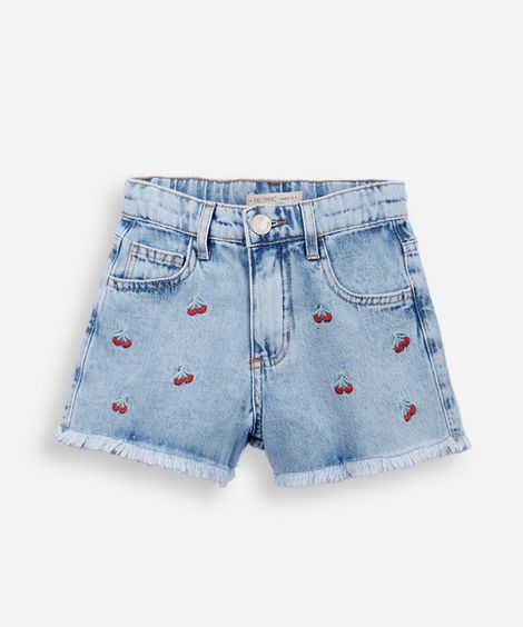 short jeans infantil mom bordado cerejas azul