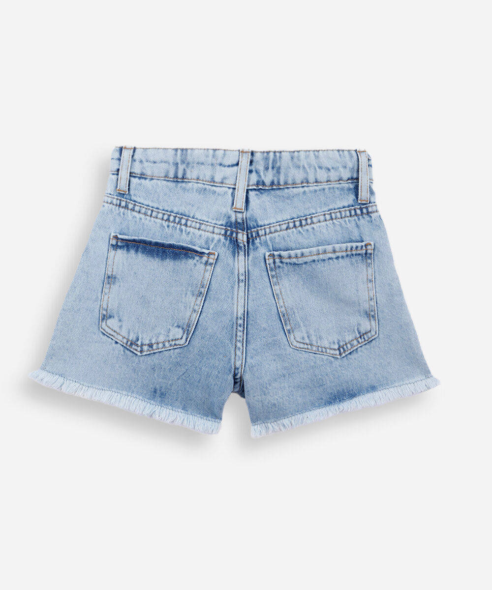 short jeans infantil mom bordado cerejas azul