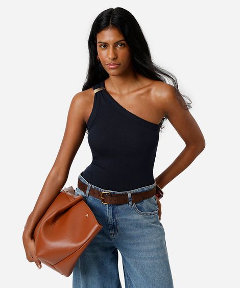 blusa ombro único feminina de algodão com fivela canelada azul