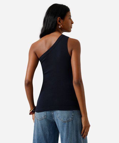 blusa ombro único feminina de algodão com fivela canelada azul