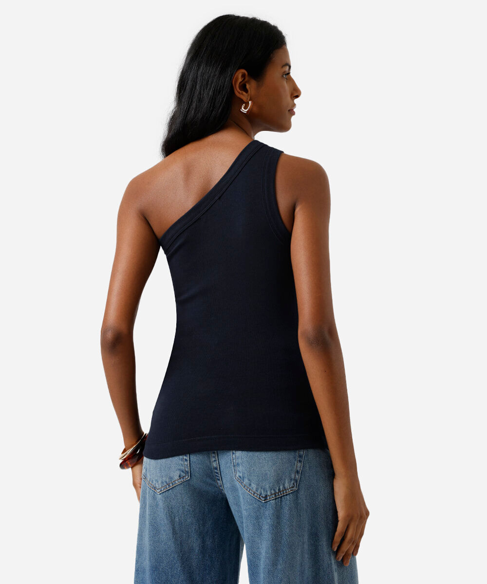 blusa ombro único feminina de algodão com fivela canelada azul