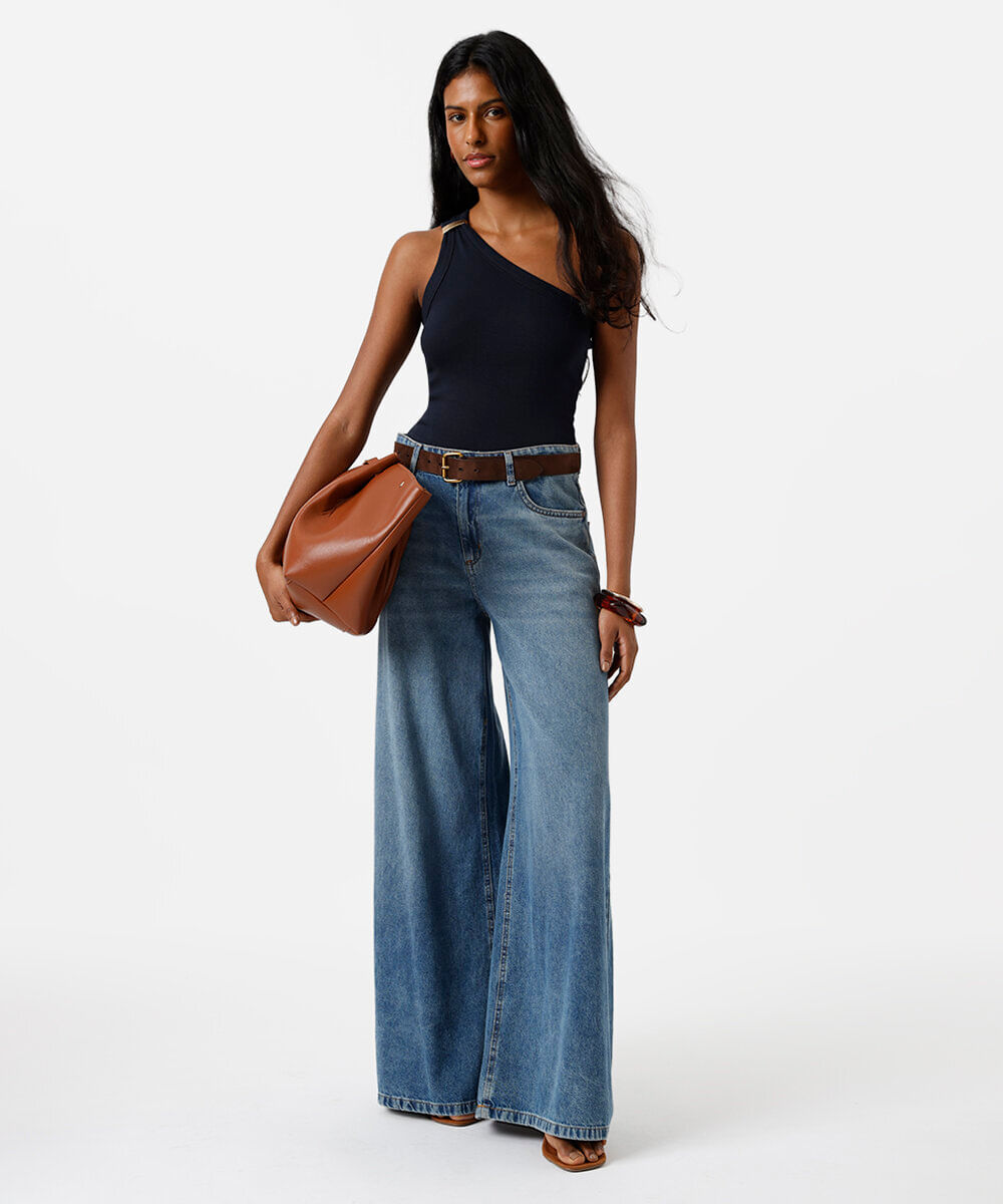 blusa ombro único feminina de algodão com fivela canelada azul