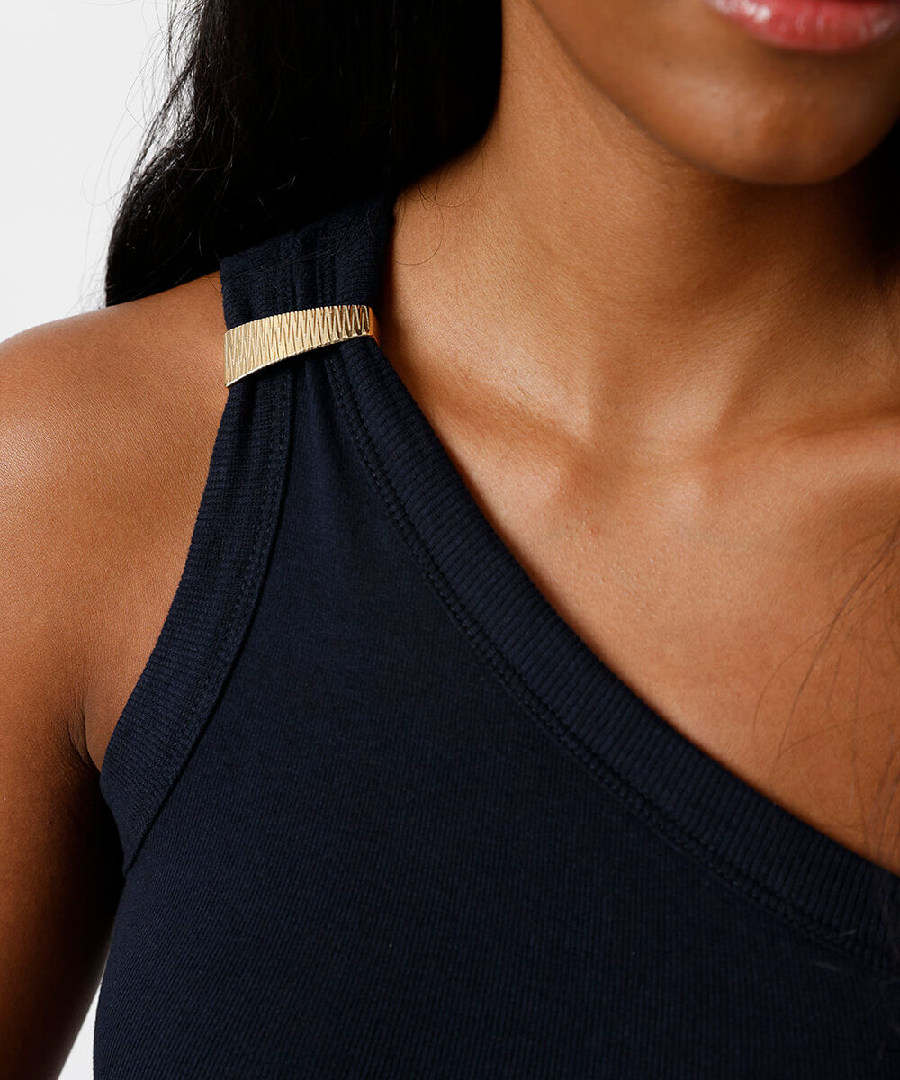 blusa ombro único feminina de algodão com fivela canelada azul