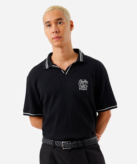 polo box fit masculina com bordado canelada preta