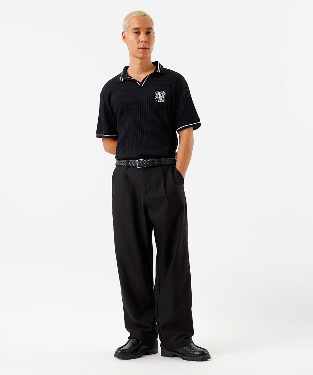 polo box fit masculina com bordado canelada preta