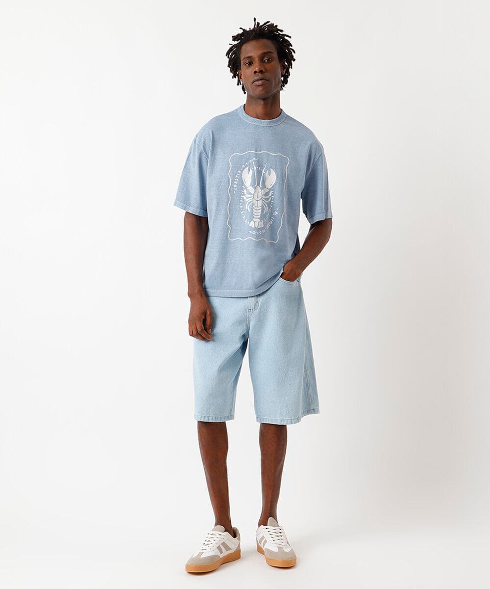 camiseta masculina de algodão estampada estonada azul