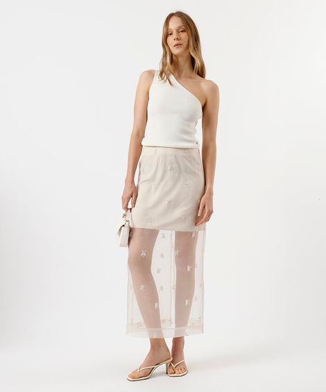 saia midi feminina de organza bordada com fenda off white