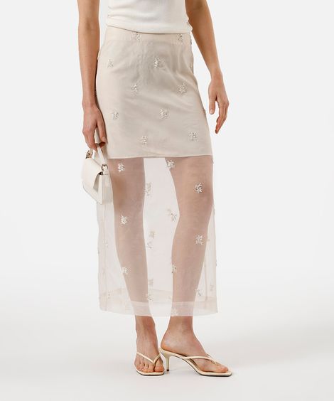 saia midi feminina de organza bordada com fenda off white