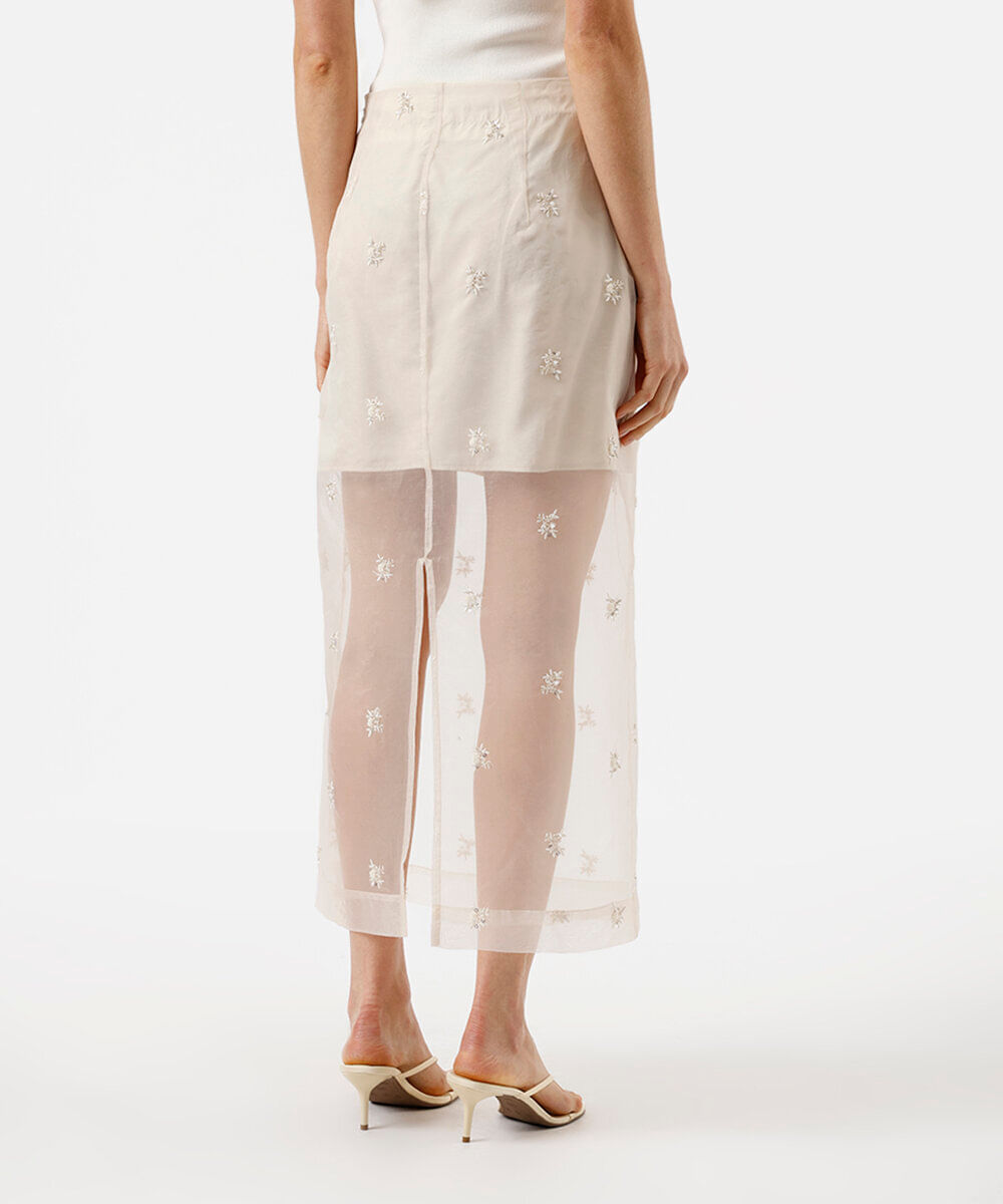 saia midi feminina de organza bordada com fenda off white
