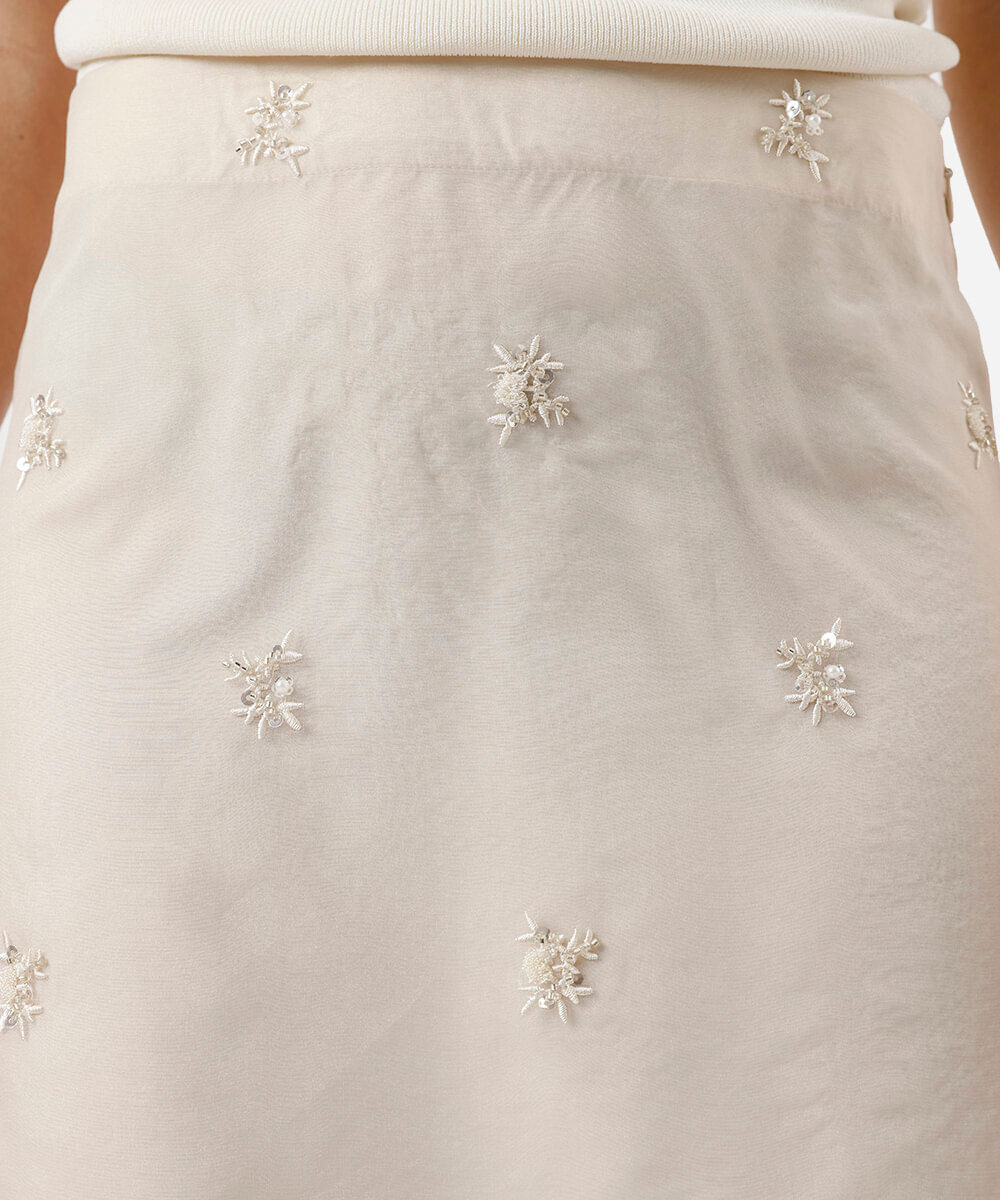 saia midi feminina de organza bordada com fenda off white