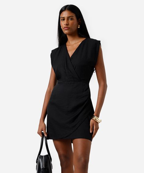 vestido curto feminino com viscose decote v texturizado preto