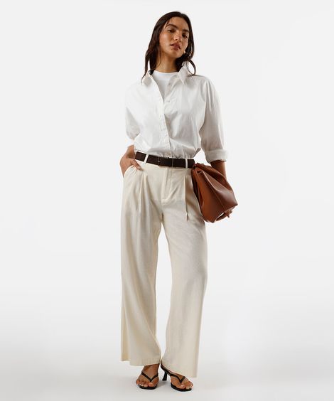 calça wide leg feminina de alfaiataria com linho e pregas amarela