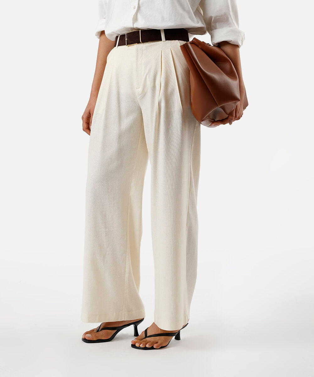 calça wide leg feminina de alfaiataria com linho e pregas amarela