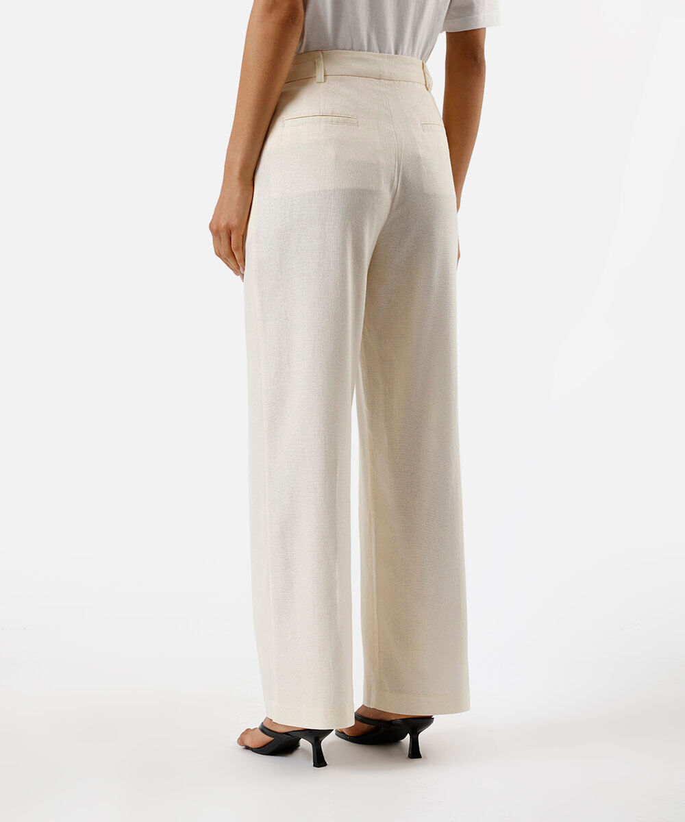 calça wide leg feminina de alfaiataria com linho e pregas amarela