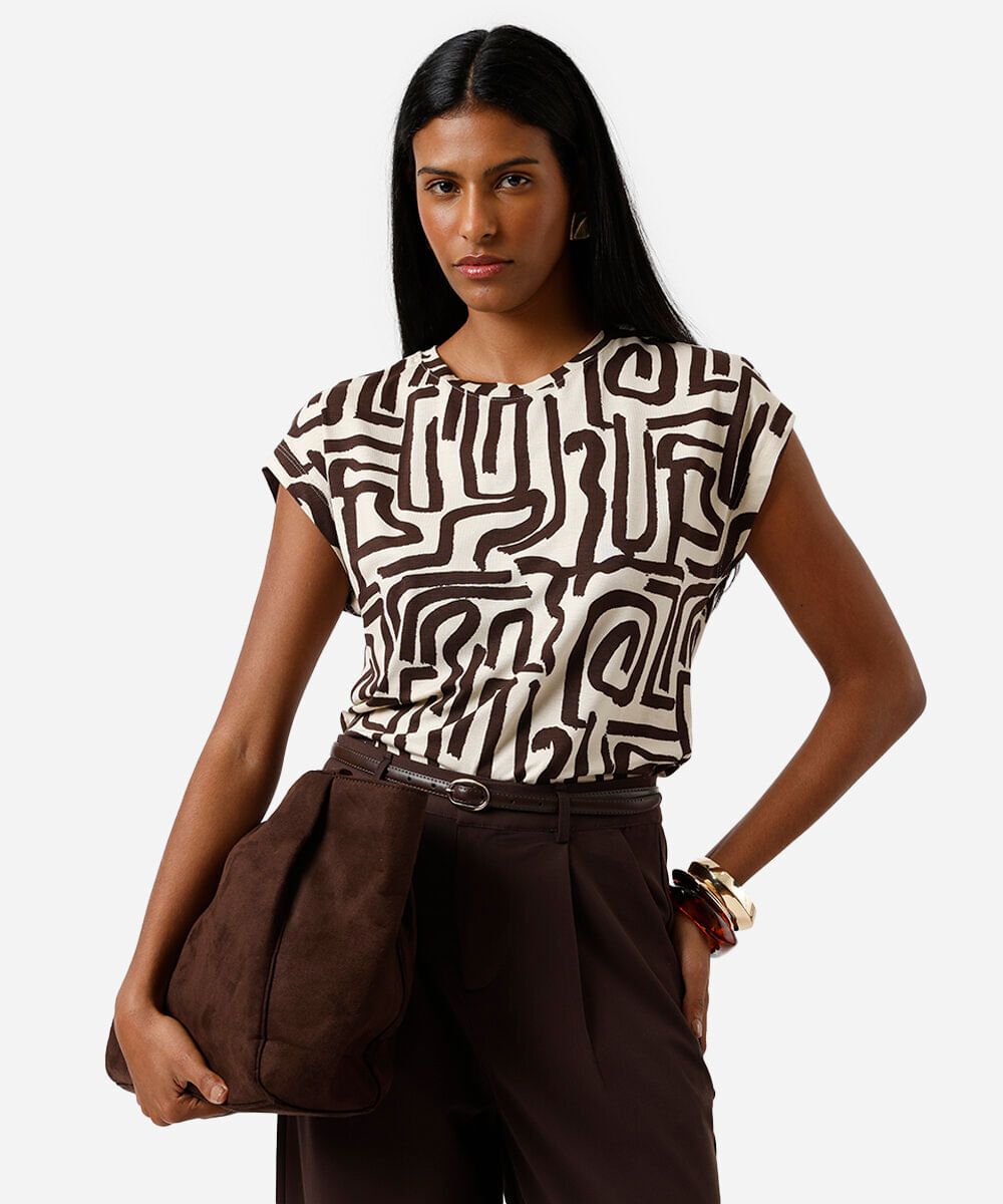 blusa feminina de viscose manga curta geométrica bege