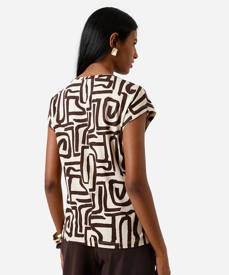 blusa feminina de viscose manga curta geométrica bege