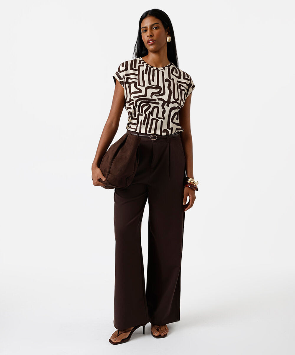 blusa feminina de viscose manga curta geométrica bege