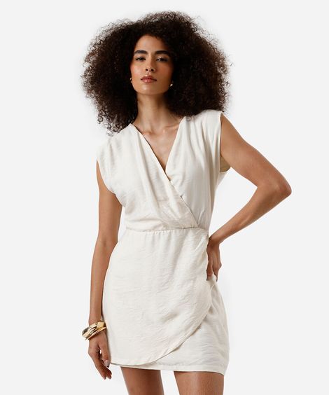 vestido curto feminino com viscose decote v texturizado bege