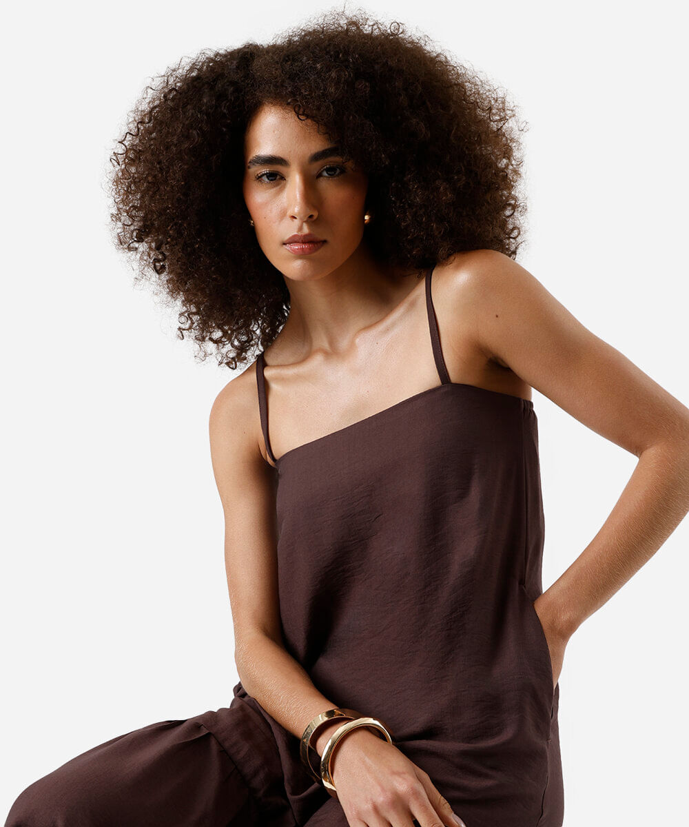 vestido midi feminino de viscose alça fina - marrom escuro