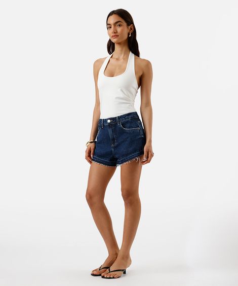 short reto feminino jeans cintura média azul
