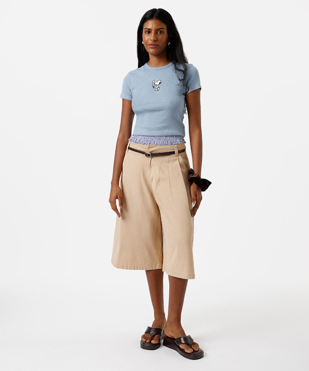 blusa baby look feminina de algodão snoopy canelada azul