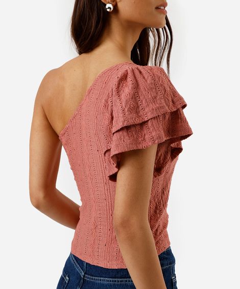 blusa ombro único feminina de laise com babados rosa