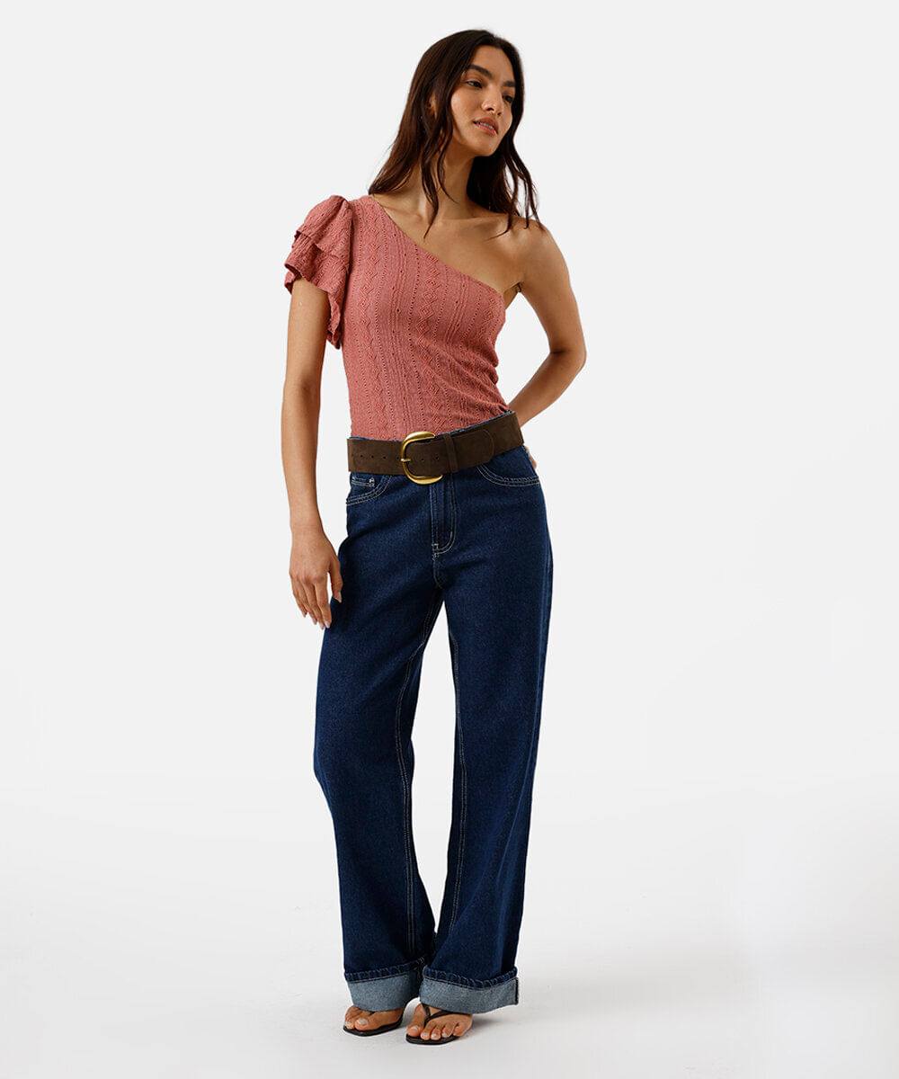 blusa ombro único feminina de laise com babados rosa