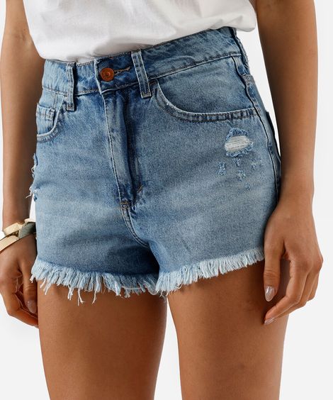 short curto feminino jeans destroyed azul