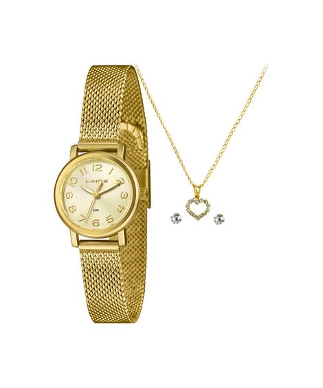 kit relógio feminino lince analógico lrgh272l25 kadpc2kx dourado