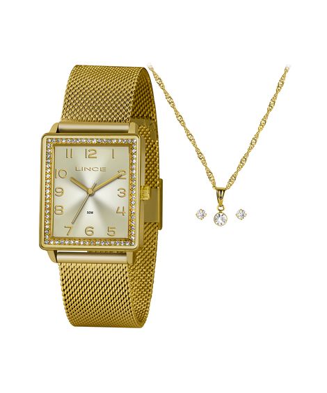 kit relógio feminino lince analógico lqg4665l kablc2kx dourado
