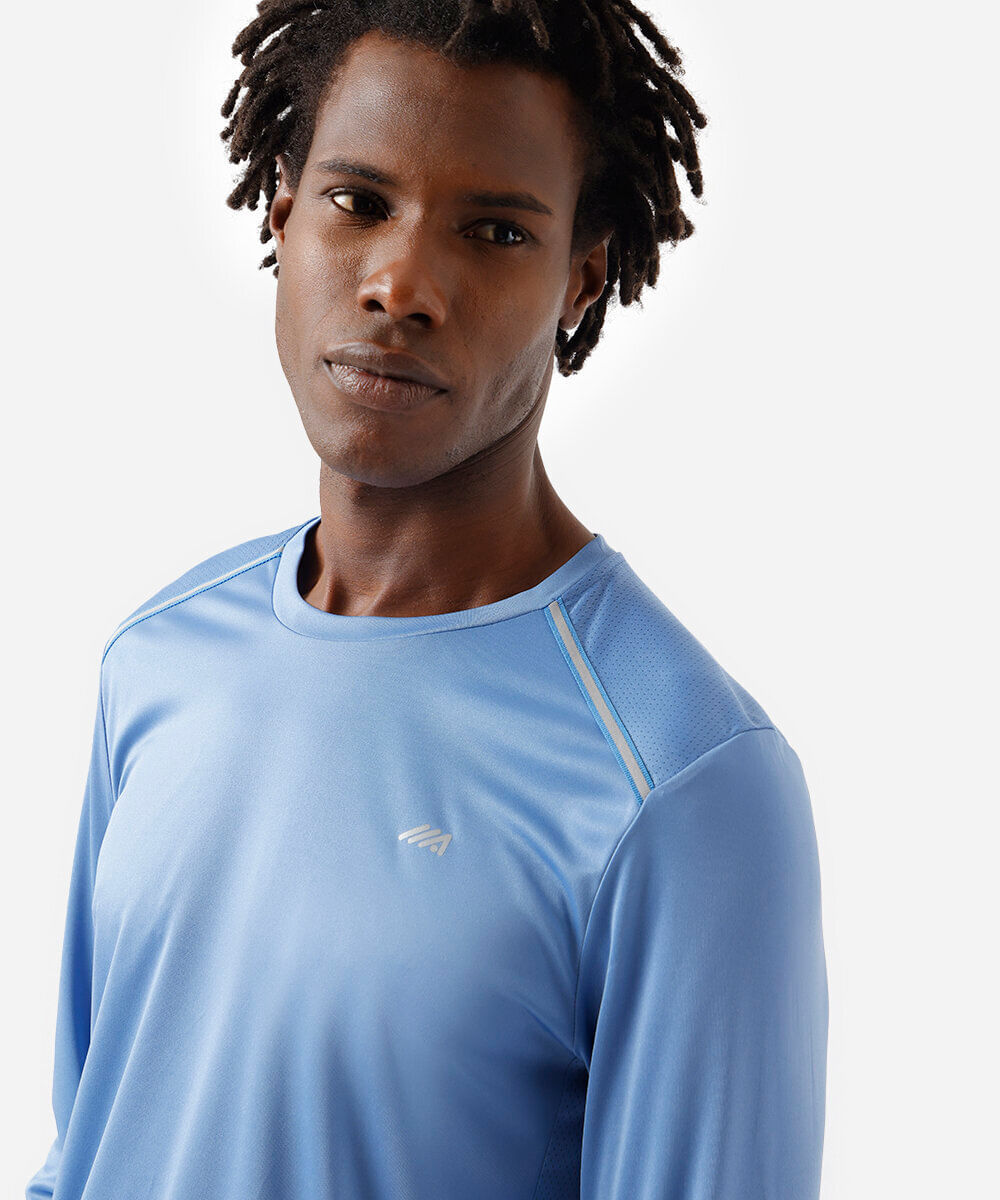 camiseta masculina manga longa running azul