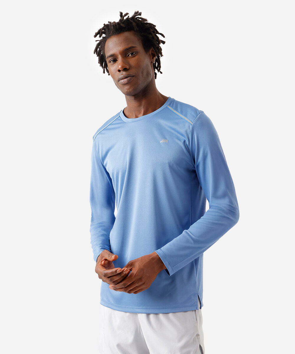 camiseta masculina manga longa running azul