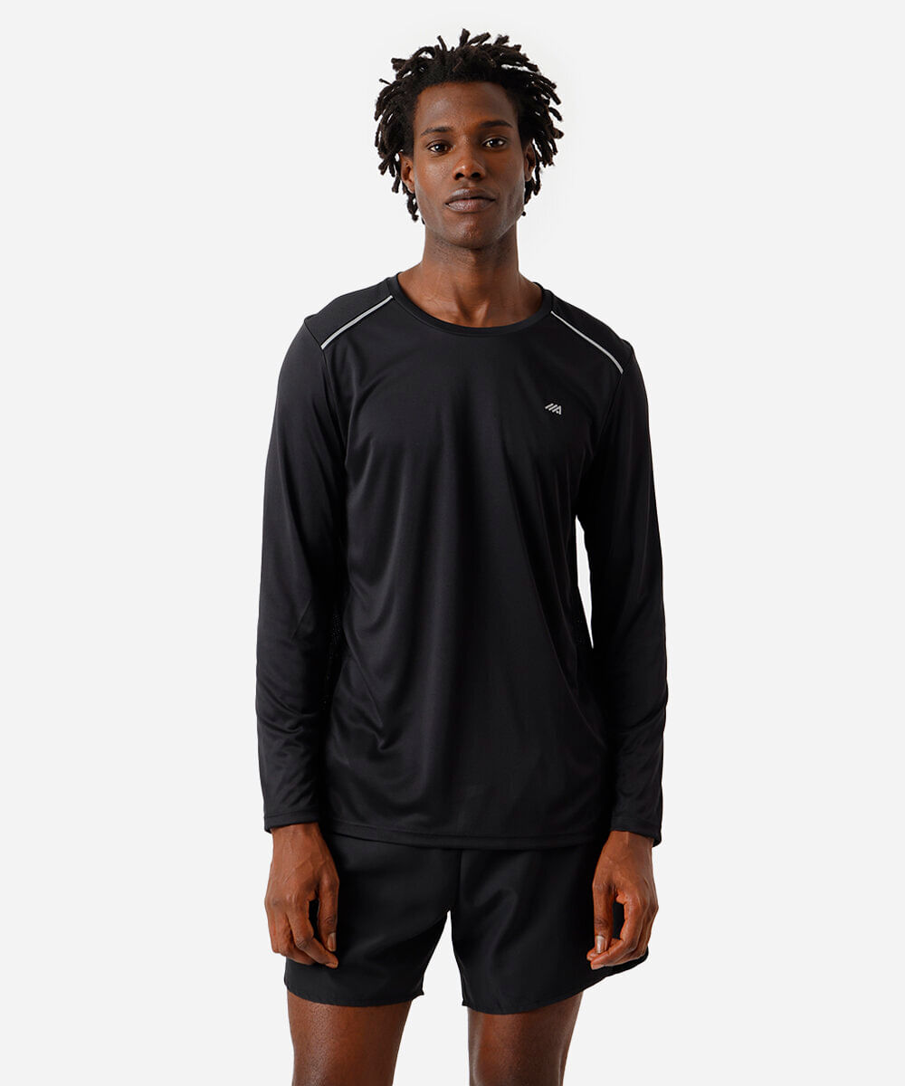 camiseta masculina manga longa running preta