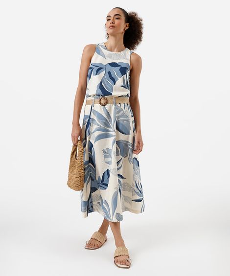 saia midi feminina com linho e cinto folhagens colorida