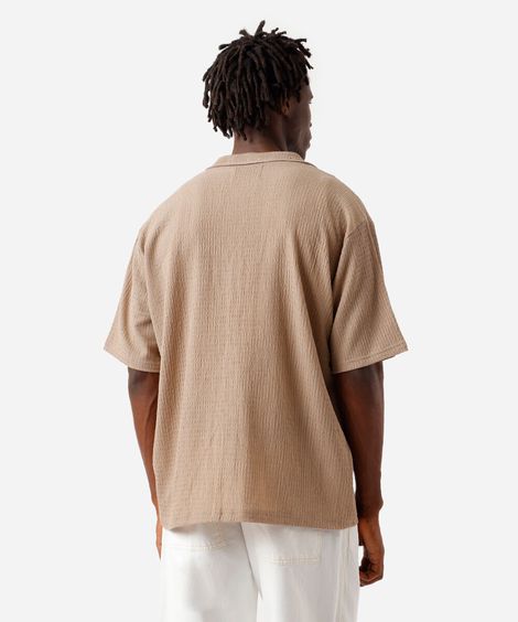 camisa masculina manga curta texturizada bege