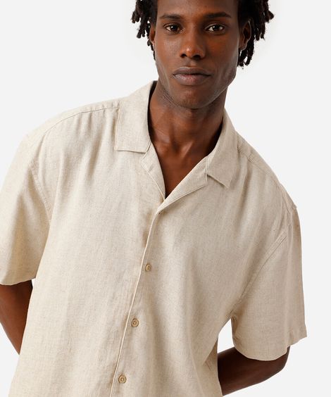 camisa box fit masculina com linho manga curta bege