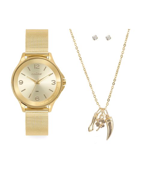 kit relógio feminino condor analógico co2035nekk4x dourado