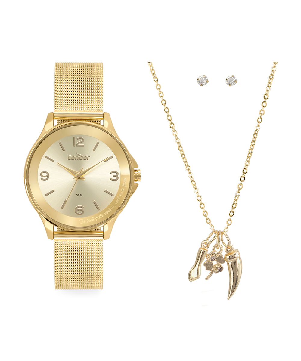 kit relógio feminino condor analógico co2035nekk4x dourado