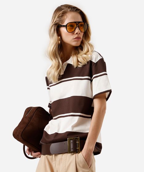 polo feminina com algodão listrada off white
